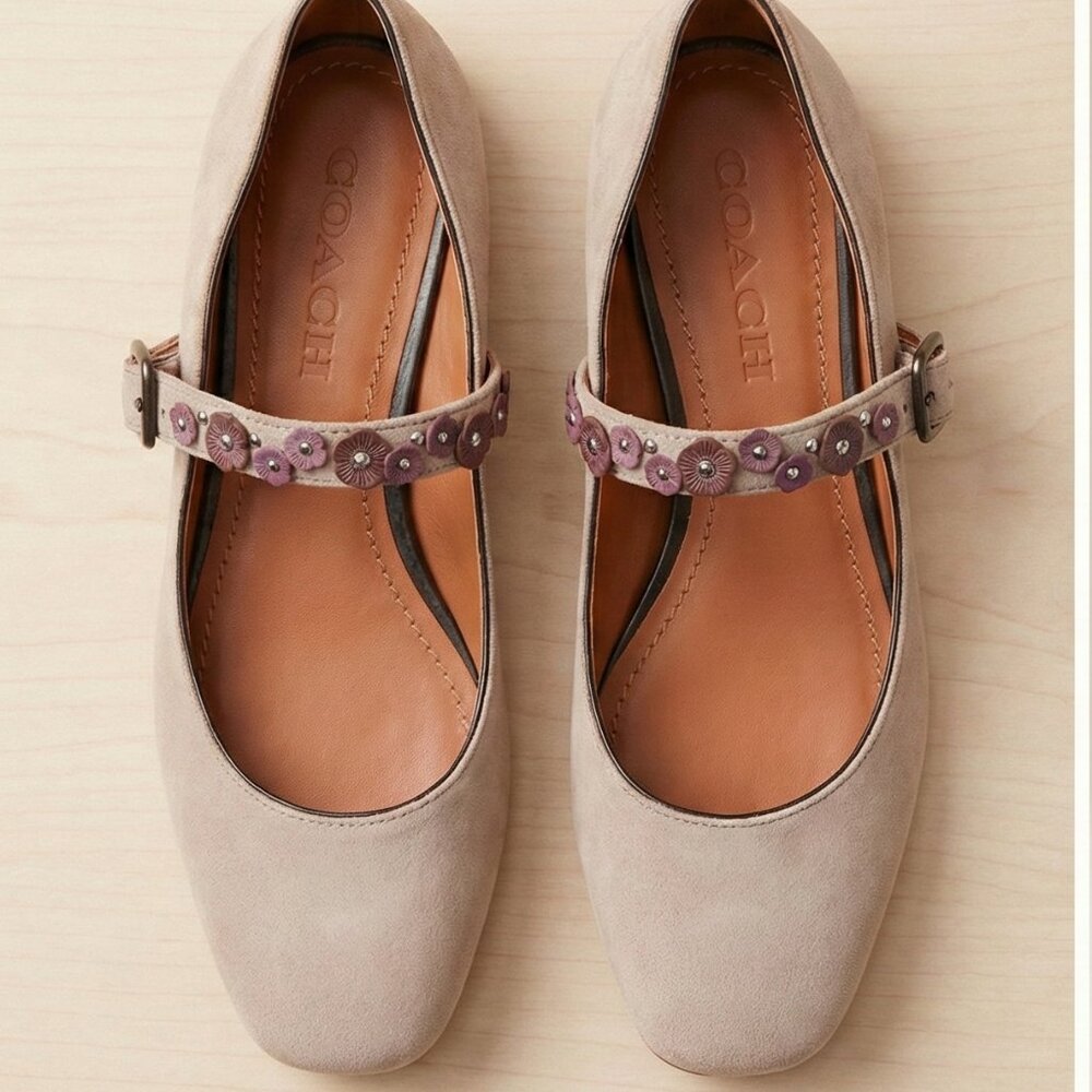 Coach Women's Cream Floral Strap Flats
